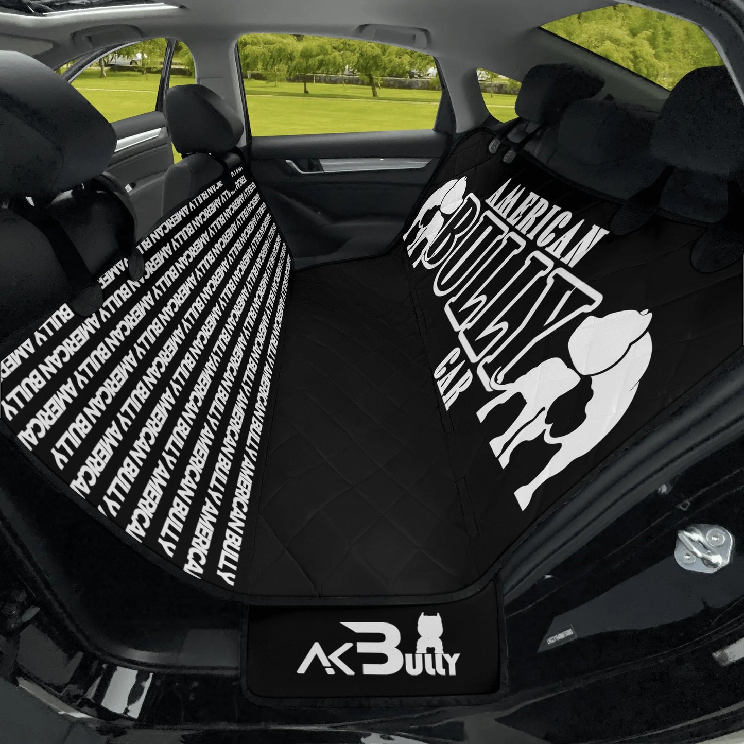 Car seat covers featuring a bold American Bully logo, designed for dog lovers.