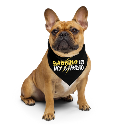 Bully dog wearing a 'Barking is My Cardio' bandana, showcasing a playful and stylish look.