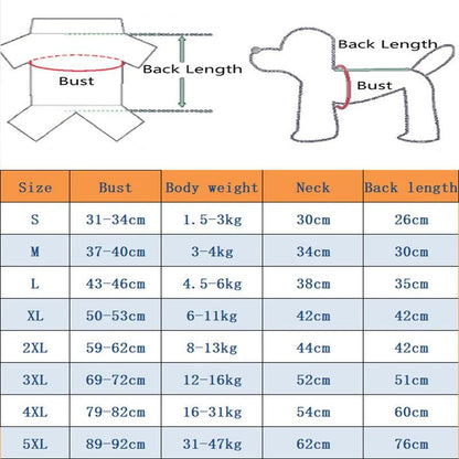 size chart of luxury wind coat for micro, pocket, standard and XL american bully