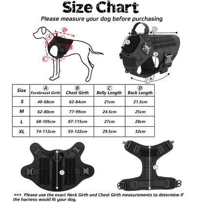 size chart of Army harness for dogs