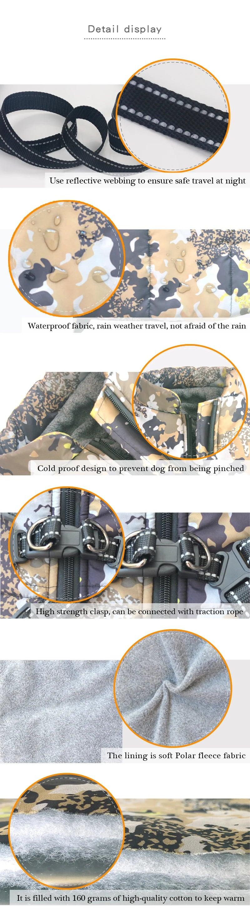 details of dog winter jacket