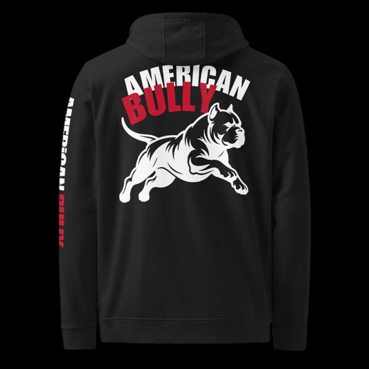 Black Adidas hoodie with big American Bully logo and text on front, side, and back side, perfect for stylish kennel owners.