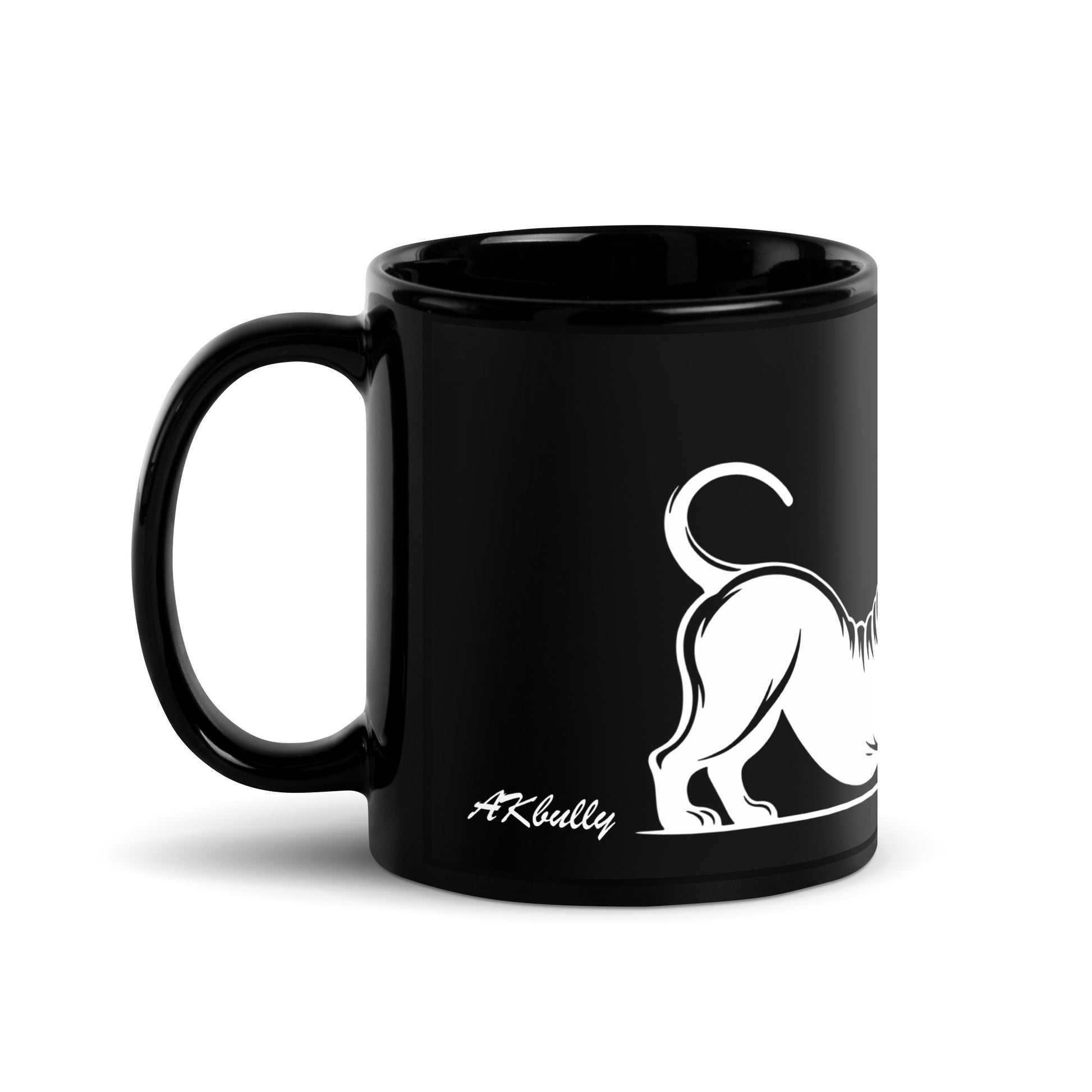 The American Bully white photo, as stated on a black mug.