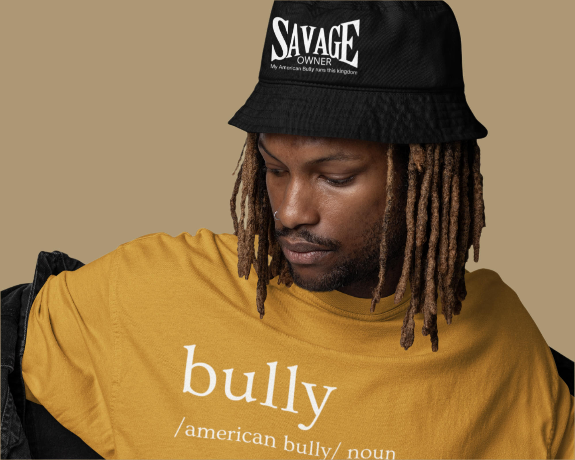 YELLOW T-SHIRT WITH AMERICAN BULLY DEFINITION AND HAT FOR DOG OWNERS