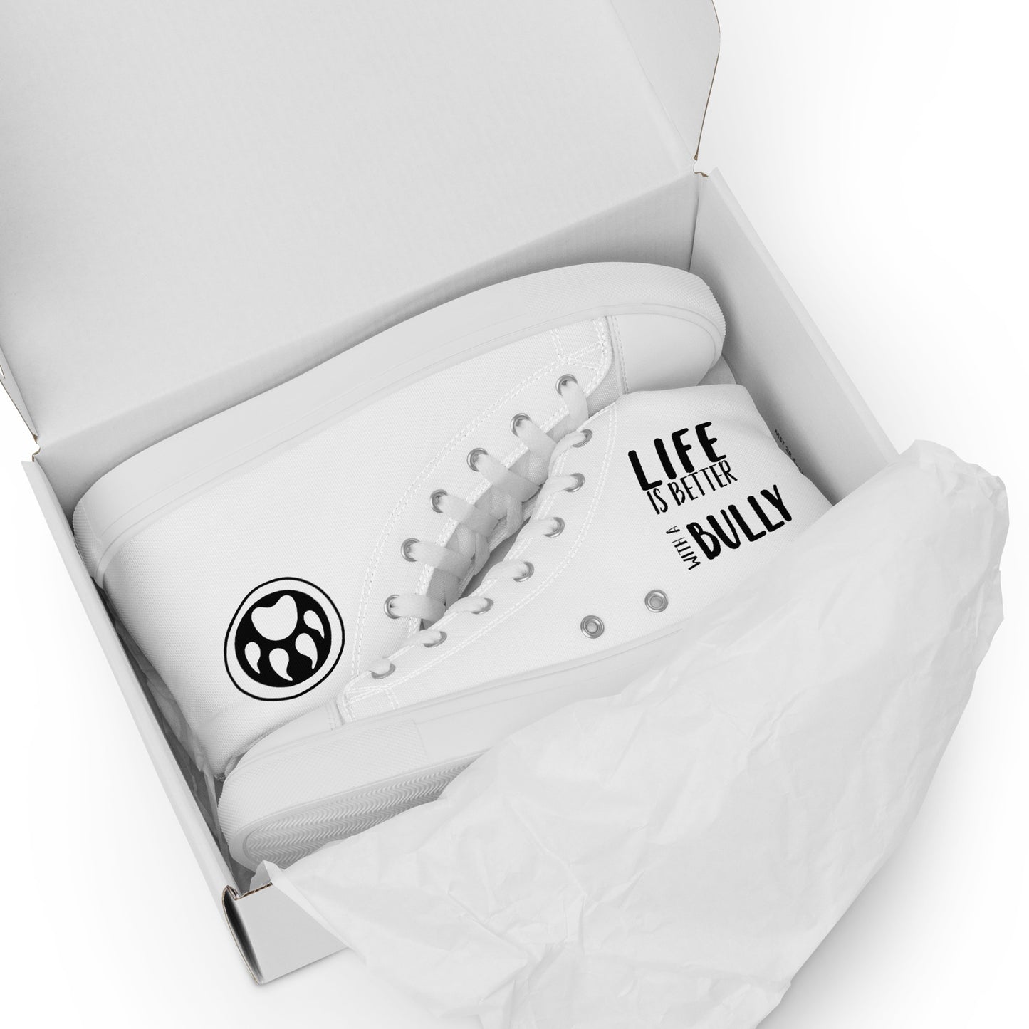 White high-top canvas shoes with 'Life is Better with Bully' text, available in various sizes.