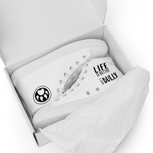 White high-top canvas shoes with 'Life is Better with Bully' text, available in various sizes.