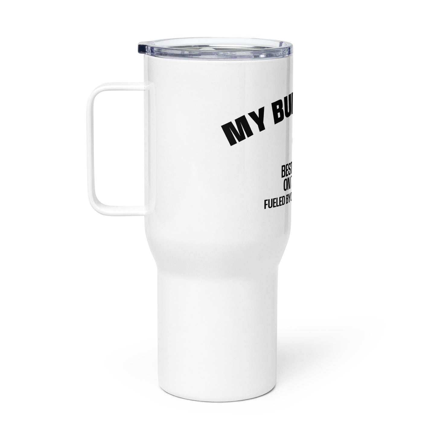 Travel mug ON THE ROAD with a handle