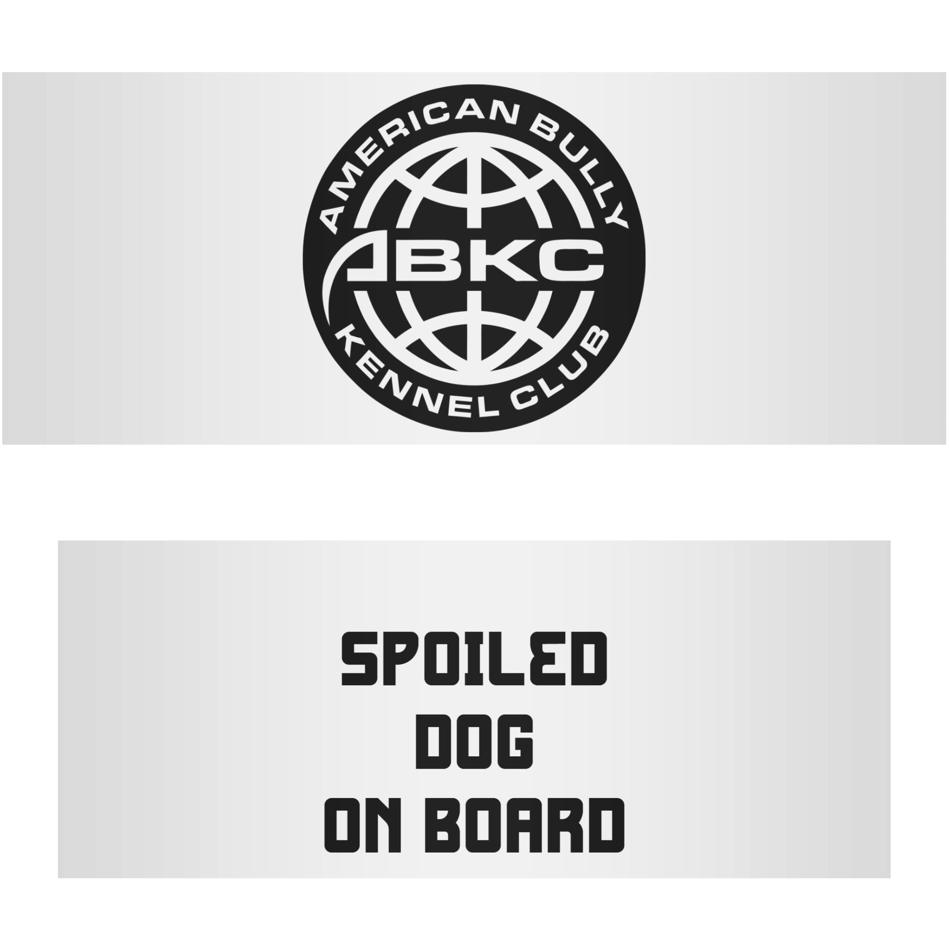 Car sticker featuring 'Spoiled Dog on Board' text and abkc sticker